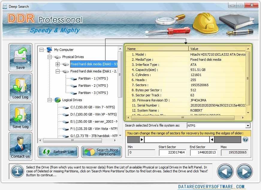 DDR professional data recovery software Selecting Physical Drives to recover data