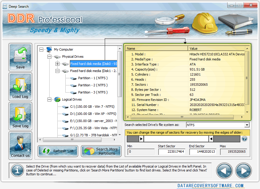 DDR professional data recovery software Selecting Physical Drives to recover data